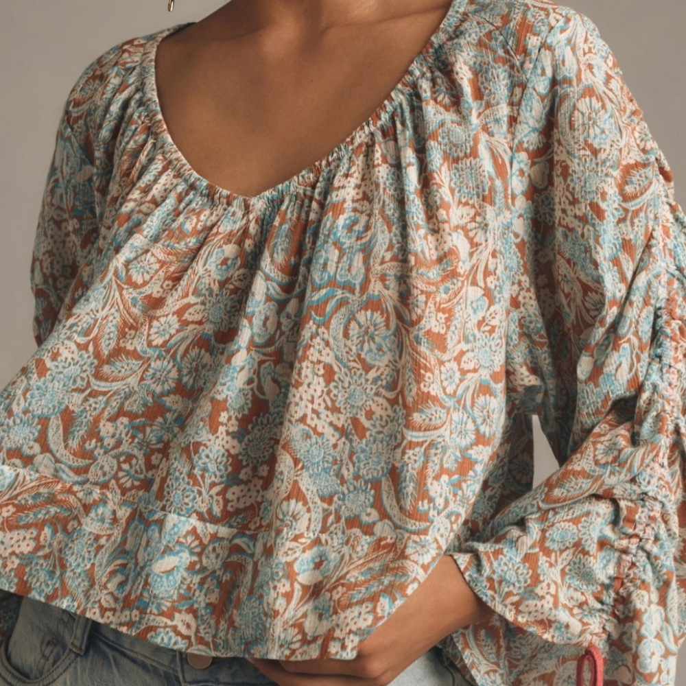 Anthropologie Rust and Light in Blue Floral Peasant Top